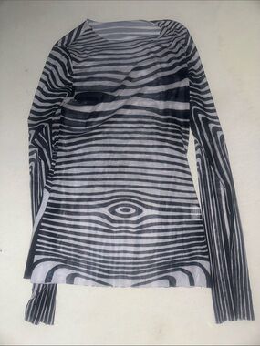 Womens Size L Striped Black and White Long Sleeve Sheer Top